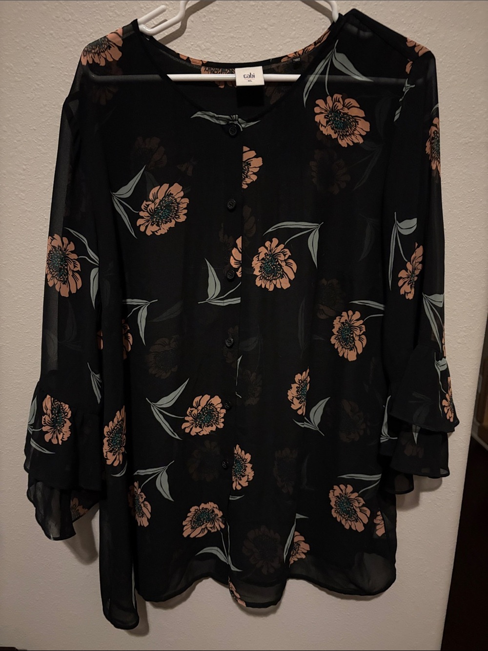 CAbi Black Tunic with Peach Floral Print